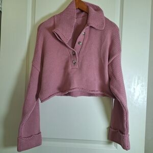 Show Me Your Mumu Crawford Collared Cropped Sweater in pink knit, size S
